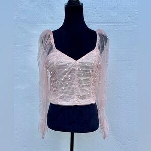 Peach XL Elegant Women's Pearl-Embellished Long Sleeve Blush Pink Ruch fairy,